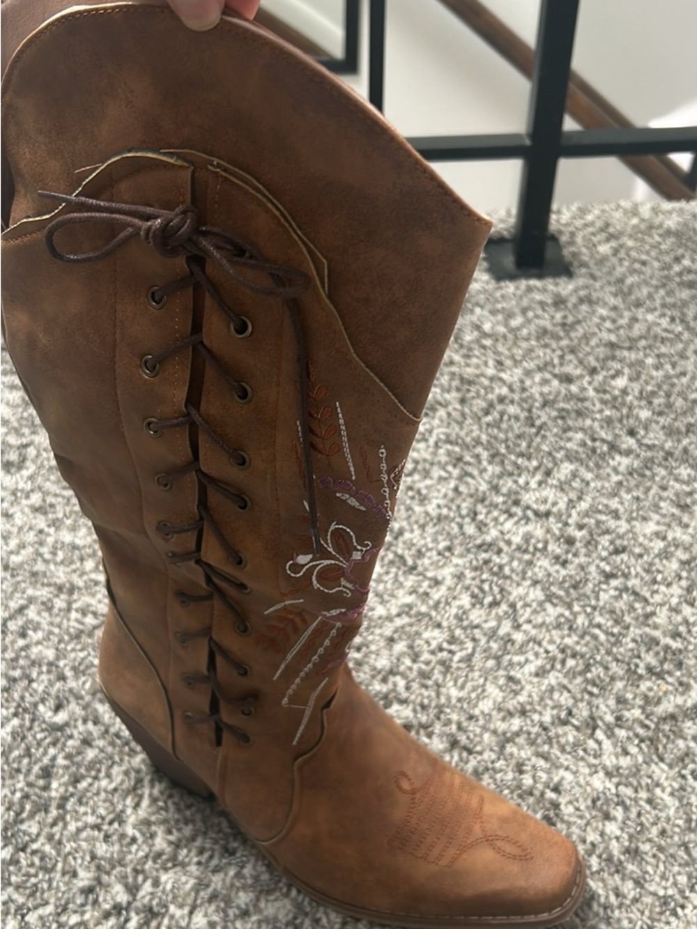 Brown Lace-Up Western Knee-High Boot with Embroidered Detail
